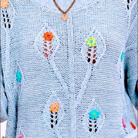 NWT! COLORFUL FLOWER HAND EMBROIDERED DROP SHOULDER POINTELLE KNIT SWEATER-GRAY! - Picture 9 of 14